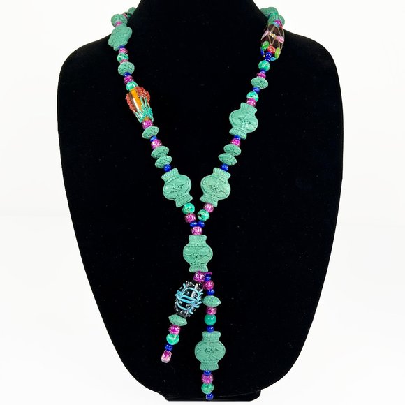 Blue Cinnabar Vase Bead Necklace w/ Blue Cats Eye Beads & Glass Lampwork Beads - Picture 1 of 12